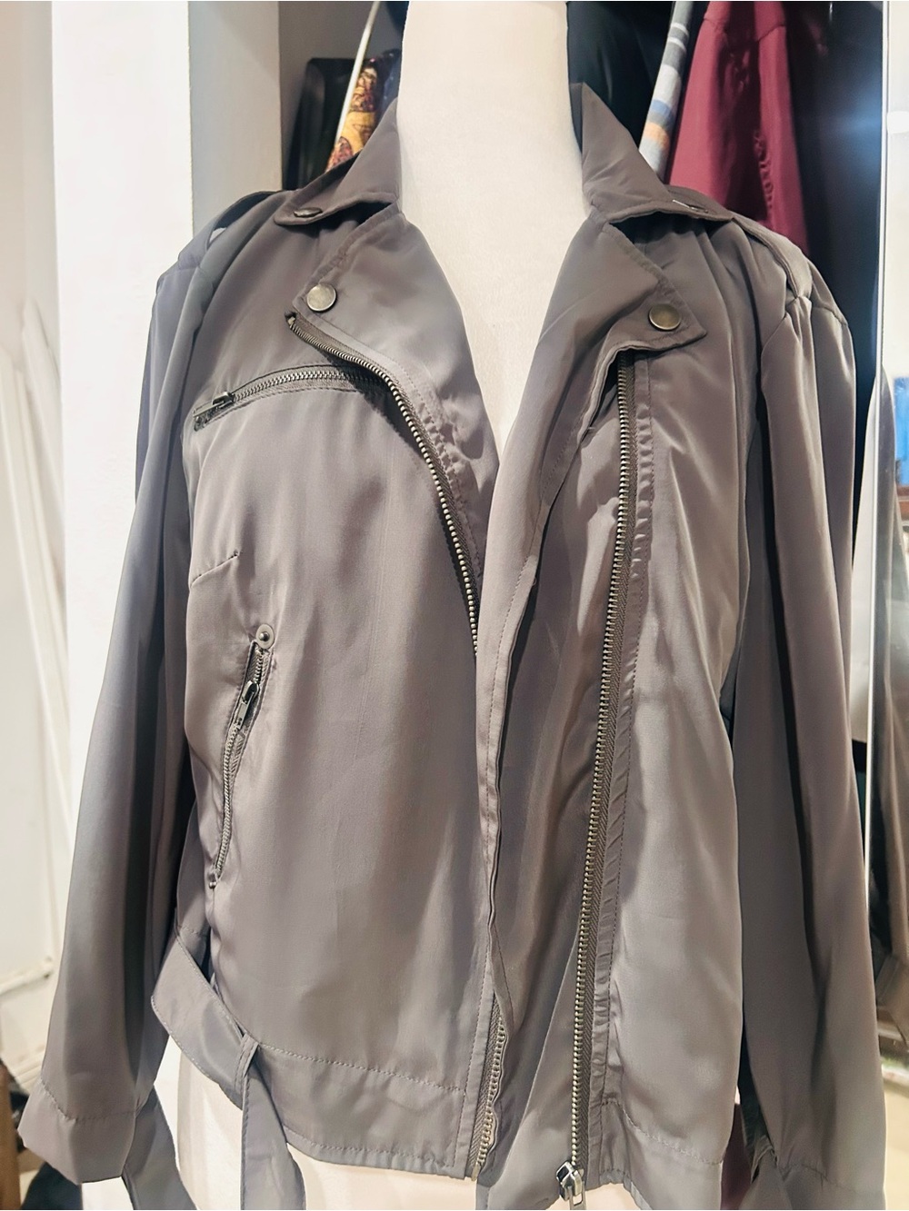 Bar III Gray Satin Moto-Style Bomber Jacket with Zip Details